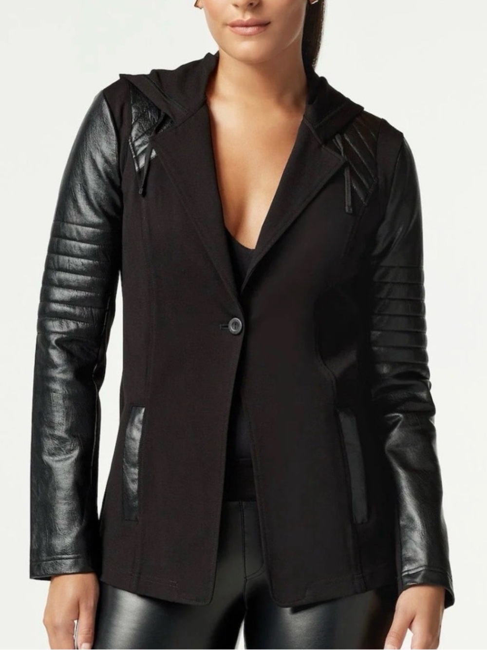 Blanc Noir Hooded Leather Moto Blazer